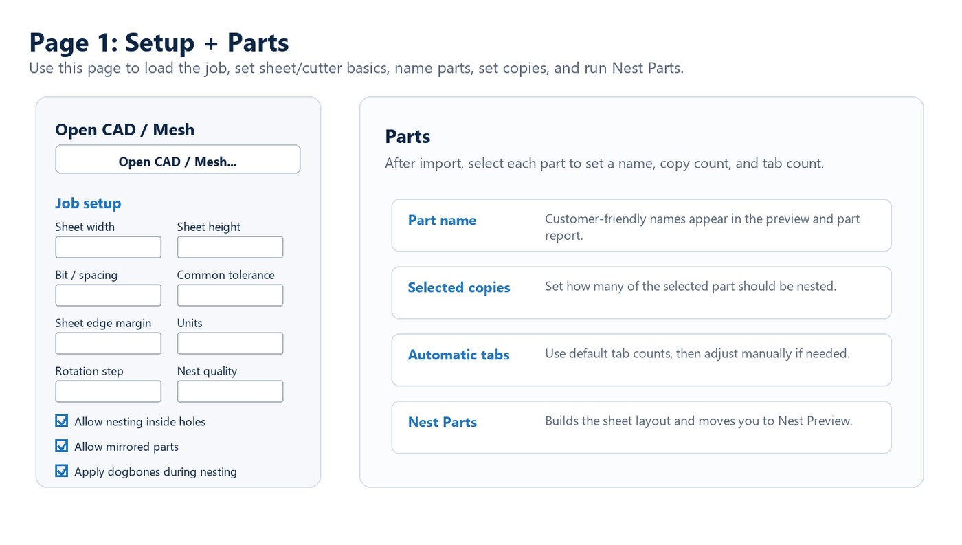 Setup and parts controls reference.
